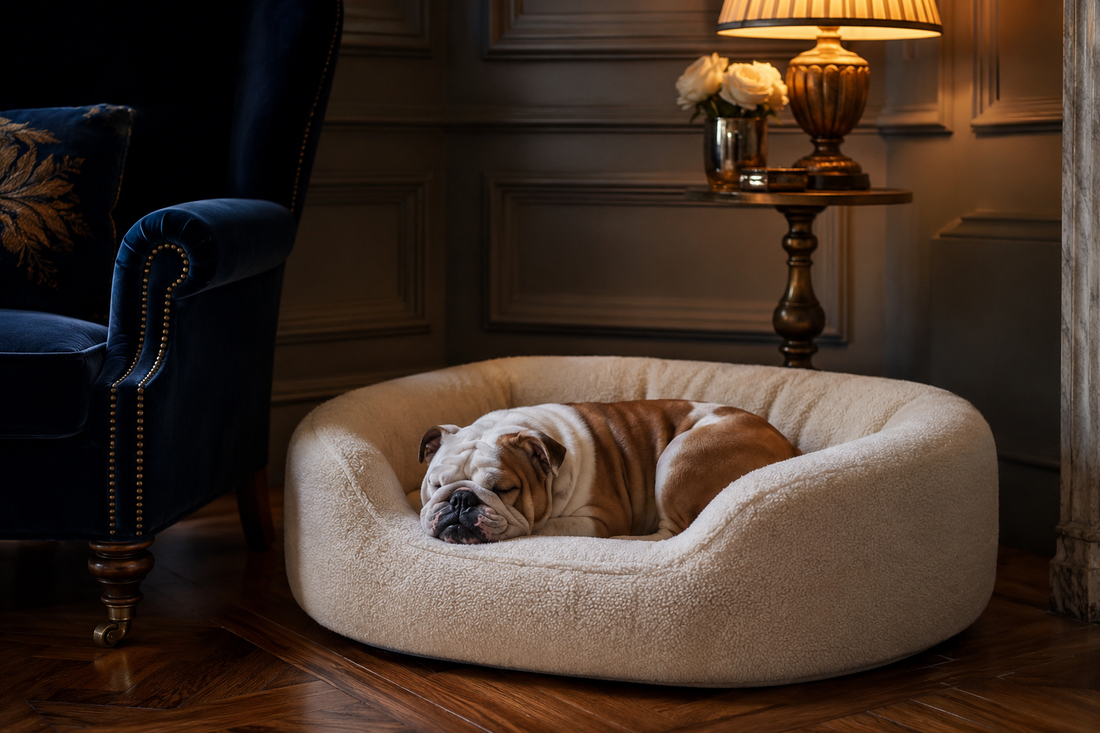 A peaceful English Bulldog sleeping on a cream plush fluffy dog bed in a refined British drawing room.