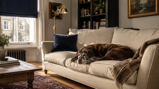 Senior Labrador Retriever sleeping on a cream linen sofa in a sunlit British living room, illustrating why dogs love comfortable furniture
