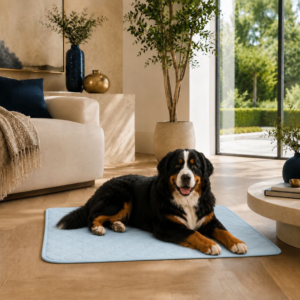 Sir Waggington cooling gel dog mat in use, dog resting comfortably on a hot day