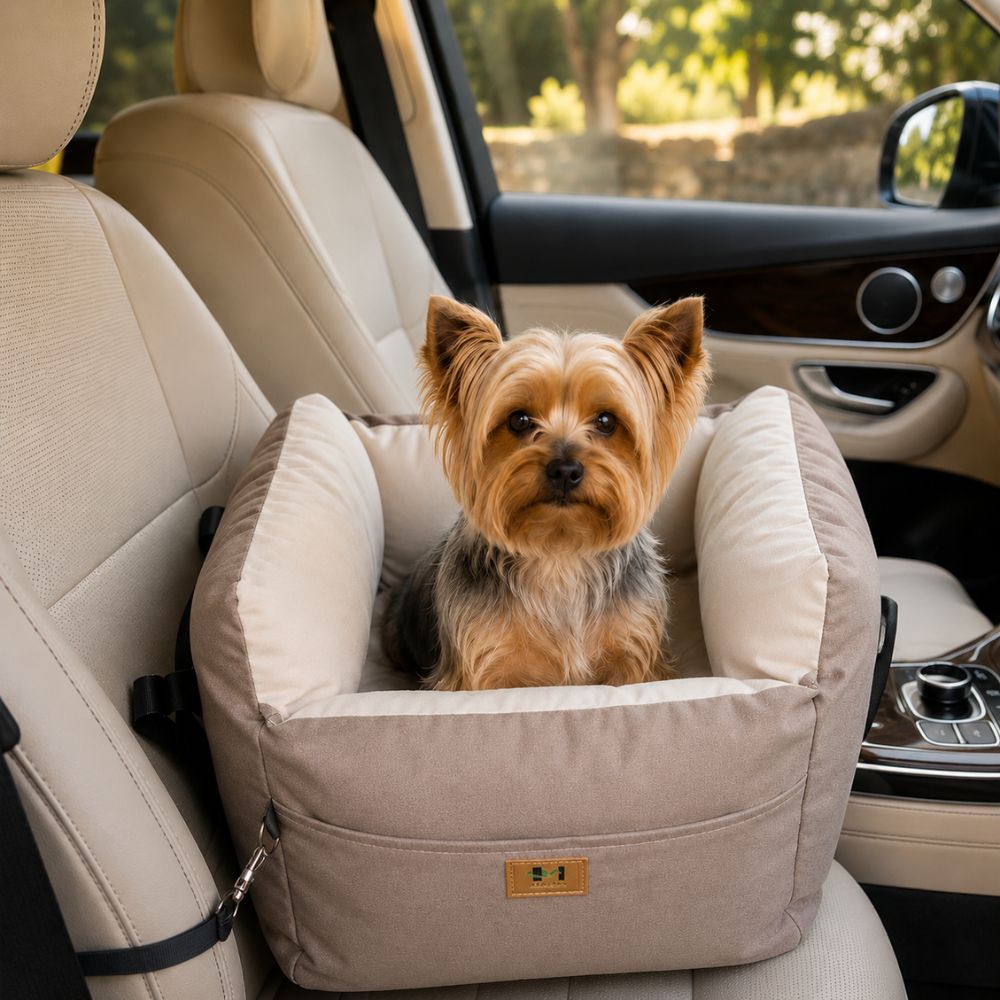 The Ascot dog car booster seat and travel nest in brown by Sir Waggington, adjustable safety belt included
