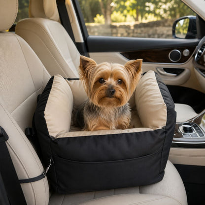 Sir Waggington Ascot booster seat with a small dog inside, elevated for calmer car journeys